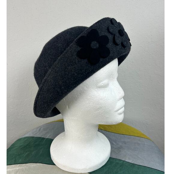 Dame- Vintage Wool Bowler Hat- Flower Cutout applique front- black gray- OSFM - Picture 2 of 8